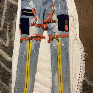 Mens PREME Multi Colored Skinny Cargo Stretch Jeans Size 36x33 With Straps